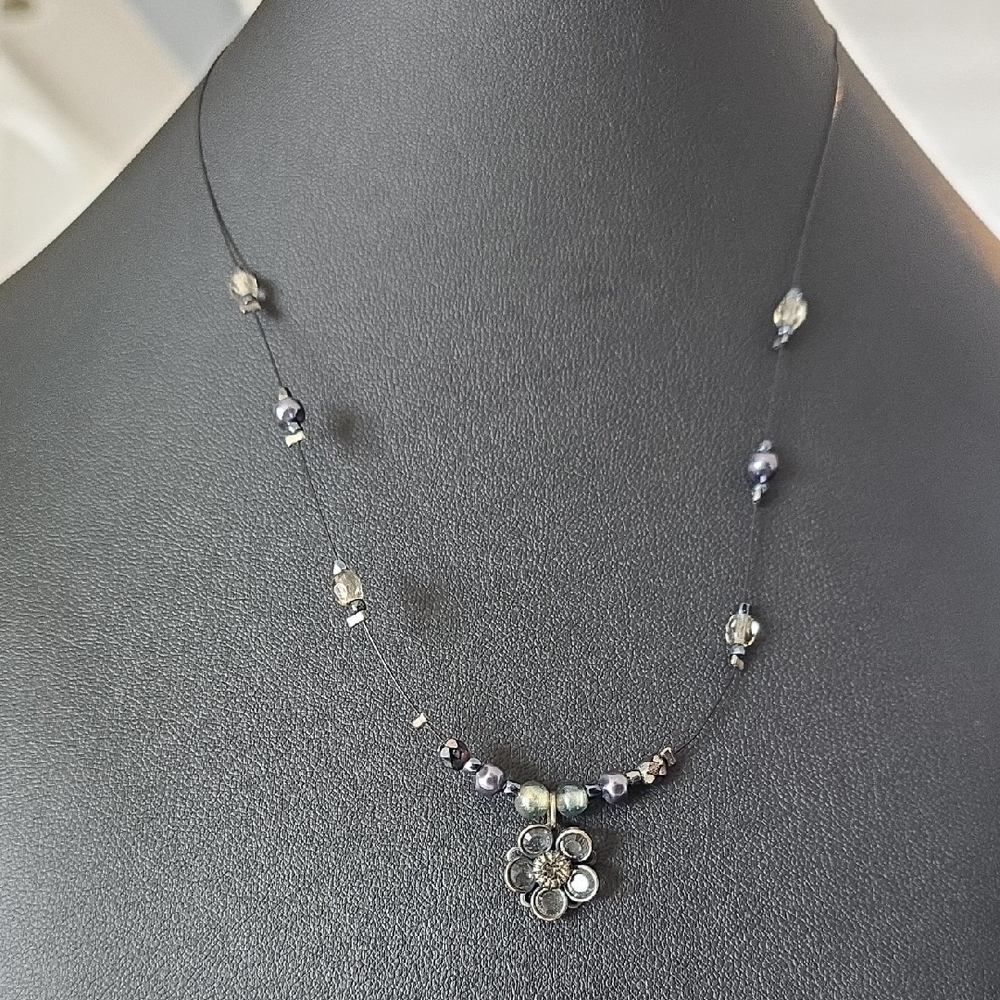 New York & Company Black Beaded Necklace with Floral Charm